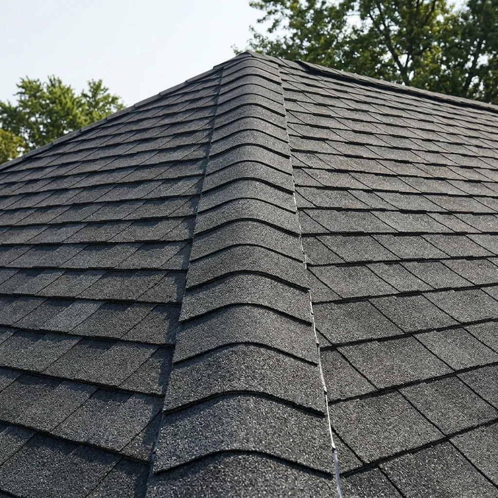 Hip cap shingles along a roof hip